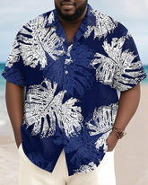 Men's Plus Size Hawaiian Blue Abstract Leaf Print Short Sleeve Slub Shirt