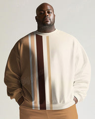 Big Guys Simple Khaki Stripe Print Round Neck Sweatshirt Set