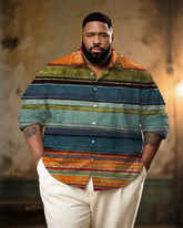Big & Tall Men's Vintage Ethnic Color Stripe Art Print Long Sleeve Bamboo Hemp Texture Shirt