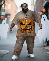 Big & Tall Men's Halloween Rust Mottled Pumpkin Expression Print Short Sleeve Shirt Pants Suit