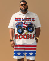 Men's Plus Size Independence Day Flag Car Printed Short Sleeve Shirt Shorts Suit