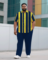 Big & Tall Men's Casual Royal Blue & Yellow Thick Stripe Short Sleeve Shirt Trousers Suit