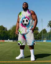 Big Men's Fashion Colorful Ink Splash Football Printed Round Neck Casual Vest and Shorts Set