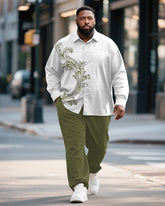 Big & Tall Men's Business Green Vintage Pattern Print Bamboo Hemp Texture Long Sleeve Shirt Trousers Suit