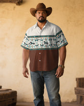 Men's Plus Size Khaki & White Western Denim Patchwork Printed Short Sleeve Shirt