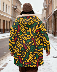 Women's Yellow-green Geometric Print Velvet Padded Long Hooded Coat