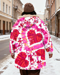 Women's Tie-Dye Love Love Print Velvet Thickened Long Hooded Coat