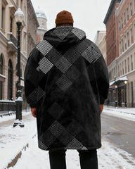 Big & Tall Men's Black White Dot Diamond Velvet Thickened Long Hooded Coat