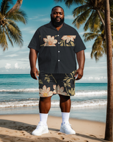 Men's Big & Tall Splicing Stripe Retro Fashion Floral Printed Short Sleeve Shirt Shorts Set