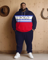 Big & Tall Men Fall/Winter Dark Blue & Red & White Contrast Color Mosaic Letters Casual Printed Hoodie Suit