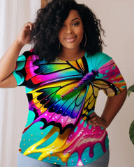 Oil Painting Butterfly Print Big Women's Short Sleeved T-shirt