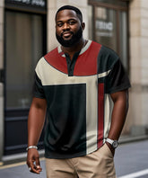 Men's Plus Size Black And Red Geometric Print Henry Collar Button Short Sleeve T-shirt