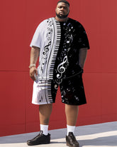 Black and White Color Matching Musical Note Print Men's Large Size Suit