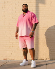 Big Men's Summer Essential Pink Gradient Short Sleeve Shirt Shorts Suit