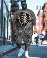 Big Guys Street Fashion Ripped Skull Print T-Shirt Shorts Set