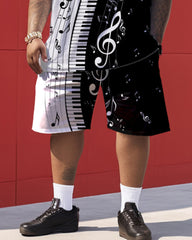 Black and White Color Matching Musical Note Print Men's Large Size Suit