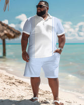 Big and Tall Guys Simple Light Blue Stripe Print Polo Shorts Set