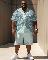 Men's Plus Size Daily Casual Pale Blue Simple Retro Geometric Print Shirt Shorts Suit