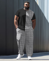 Men's Large Street Simple Retro Plaid Color Matching Casual Two-piece Set