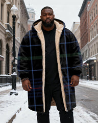 Big & Tall Men's Classic Geometric Plaid Printed Velvet Thickened Long Hooded Coat
