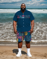 Big Men's Retro Fashion Color Block Plaid Abstract Floral Printed Short Sleeve Shirt Shorts Set