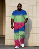 Men's Plus Size Blue & Green & Pink Neon Gradient Short Sleeve T-Shirt Trousers Suit