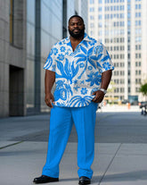 Hawaiian Blue Plant World Pattern Short Sleeve Shirt Trousers Set Big & Tall Men