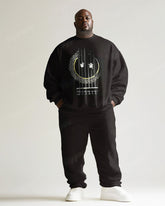 Men's Simple Black Retro Pattern Musical Instrument Print Plus Size Round Neck Sweatshirt Suit