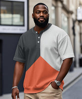 Big & Tall Men's Triple Color Geometric Printed Henry Collar Button Short Sleeve T-Shirt