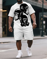 Men's Big & Tall Cartoon Three Gorillas Print Casual Short-Sleeved T-shirt and Short 2-piece Set