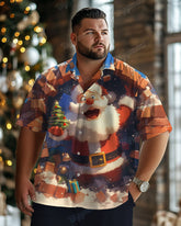 Men's Plus Size Santa Claus Holding Christmas Tree Cartoon Print Short Sleeve Shirt