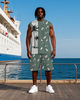 Big Men's Splicing Coconut Trees and Petals Printed Hawaiian Vest and Shorts Set