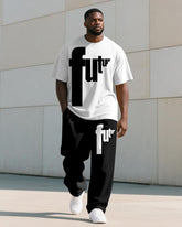 Men's Plus Size Black And White Future Letter Print T-shirt Trousers Suit