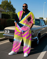 Big Guy's Abstract Artistic Geometric Pattern Theme Casual Long Sleeve Shirt Pants Set