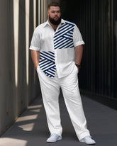 Men's Plus Size Business Simple Striped Color Matching Printed Short Sleeve Shirt Suit