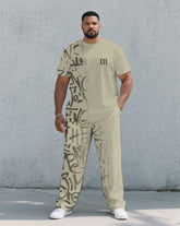 Men's Plus Size Fashion Street Khaki Graffiti Gradient Short Sleeve T-shirt Trousers Suit