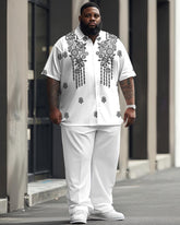 Men's Plus Size Casual Retro Style Pattern Printed Short Sleeve Shirt Trousers Suit