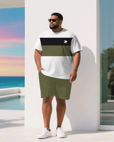 Men's Plus Size White & Olive Green & Black Colorblock Chest Small Label Short Sleeve T-Shirt Shorts Suit