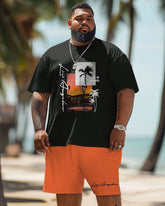 Big Men Hawaiian Coconut Tree Sunset Alphabet Print T-Shirt Shorts Set
