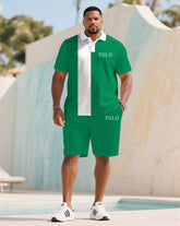 Big & Tall Men's Summer Green & White Colorblock Chest Small Label Printed Polo Short Sleeve Shirt Shorts Suit