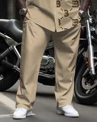 Big & Tall Men's Business Khakis B Letter Diamond Pattern Printed Long Sleeve Shirt Pants Suit
