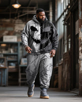 Big & Tall Men's Halloween Black Grey Skull Expression Contrast Stitch Print Hoodie Suit