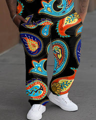 Men's Large Cashew Flower Print T-Shirt Pants Suit