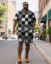 Men's Plus Size Business Black Checkerboard Print Short Sleeve Polo Shirt Shorts Suit