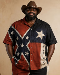 Big & Tall Men's Retro Distressed Flag Print Short Sleeve Shirt Trousers Set