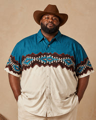 Big & Tall Men's Blue And White Contrast Navajo Geometric Print Short Sleeve Shirt Pants Set