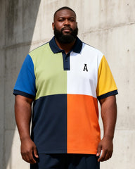 Big & Tall Men's Four-color Stitching A- Print Polo Short Sleeve Pants Set