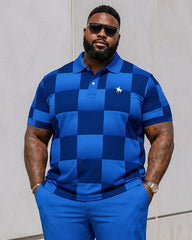 Big & Tall Men's Sapphire Blue Checkerboard Printed Polo Short Sleeve Trousers Set