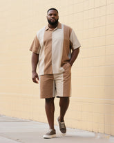 Big & Tall Men's Street Fashion Daily Casual Khaki Spelling Brown Striped Shirt Shorts Suit