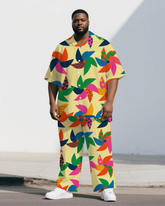 Big Men's Cartoon World Windmill Printed Casual Outdoor Short-Sleeve Shirt Pants Sets